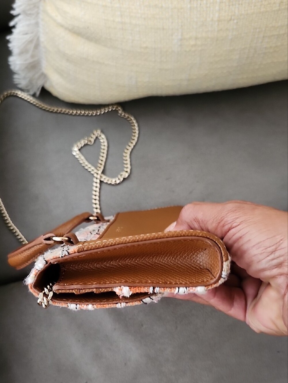 Furla Tweed Crossbody Bag in Pink, White & Brown with Chain Strap - Picture 5 of 11
